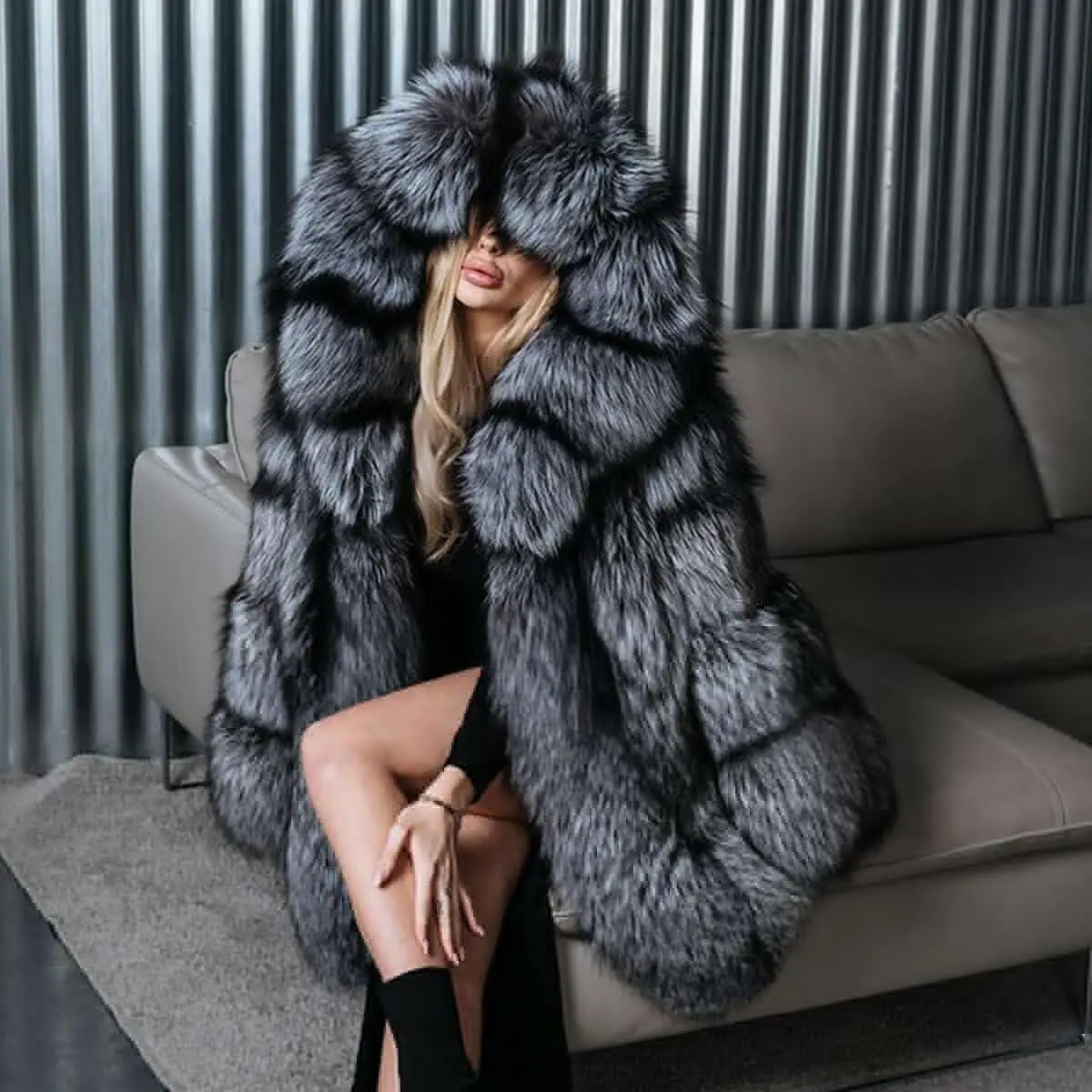 natural sliver fox fur coat women winter fashion luxury thicken warm outertwear hooded long sleeve genuine real fur jacket lady