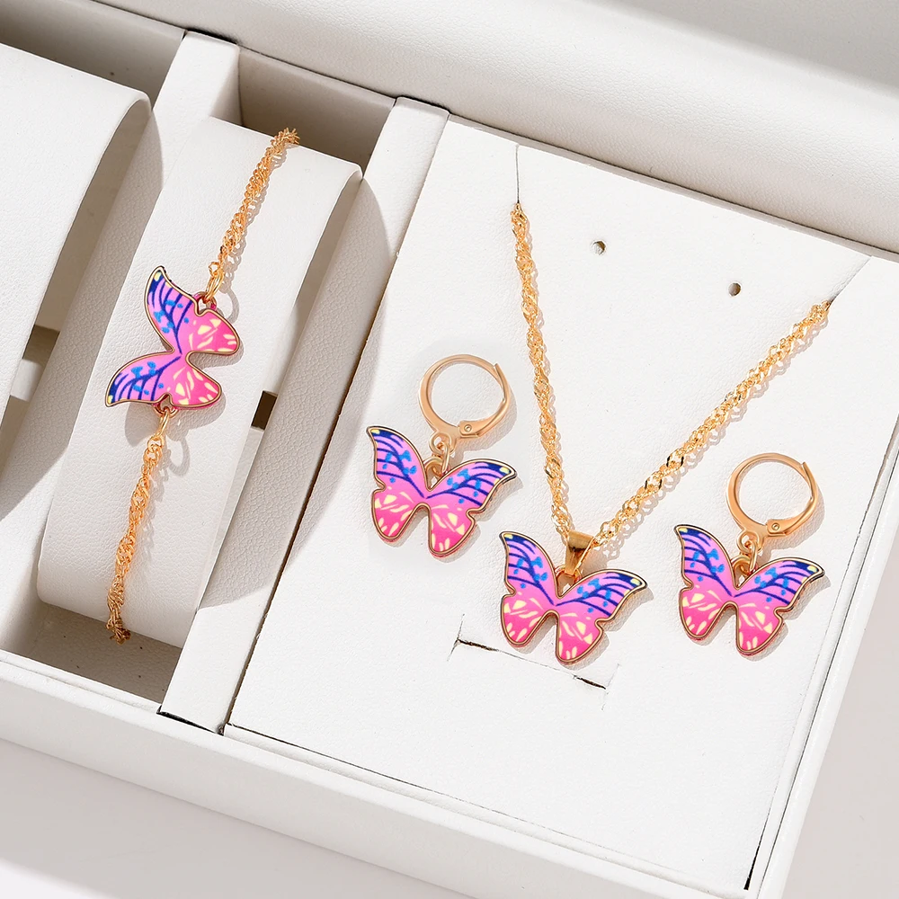 4 Piece Set Women Personalized Design Fashionable Temperament Versatile Color Gradient Butterfly Bracelet Necklace Earring Set