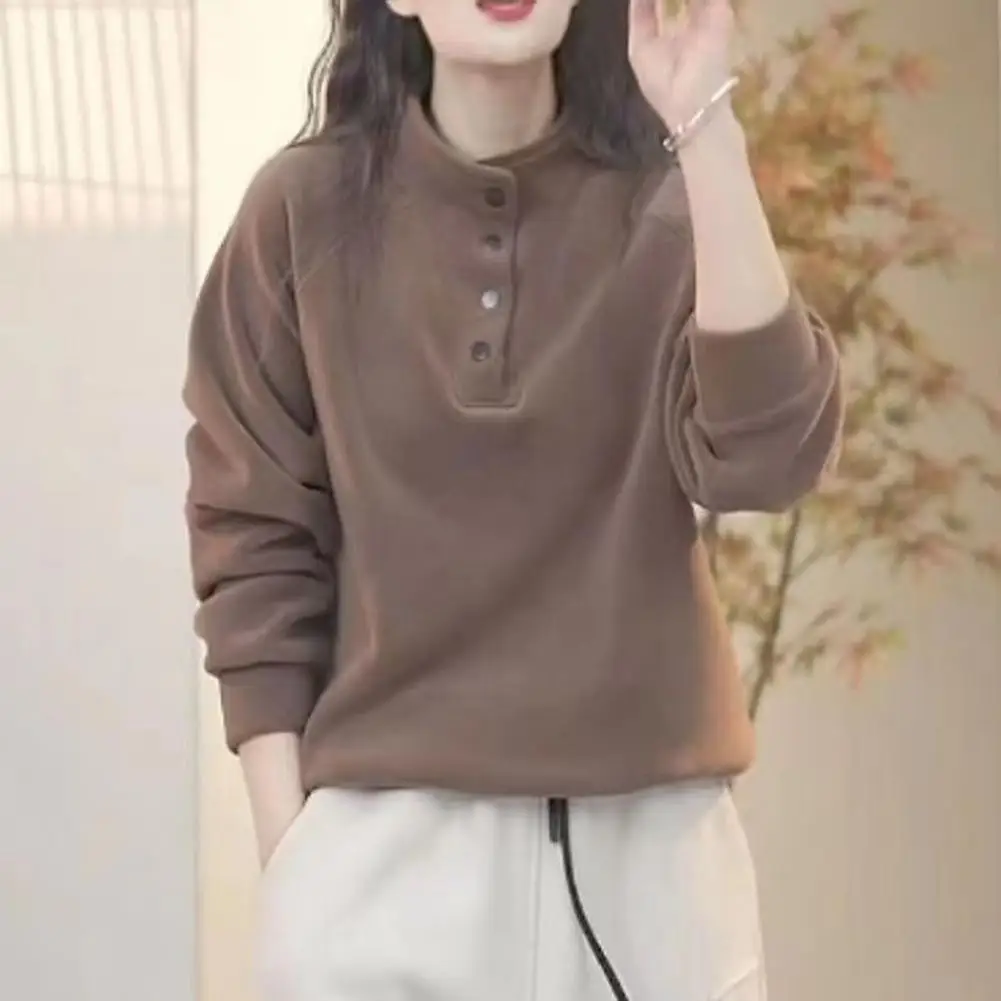 เสื้อสเวตเชิ้ตผู้หญิง เสื้อสเวตเชิ้ตผ้าฟลีซสำหรับผู้หญิงที่ให้ความสบายพร้อมดีเทลติดกระดุม เสื้อสวมหัวคอตั้งลำลองสำหรับฤดูใบไม้ร่วงฤดูหนาวสำหรับอากาศหนาว