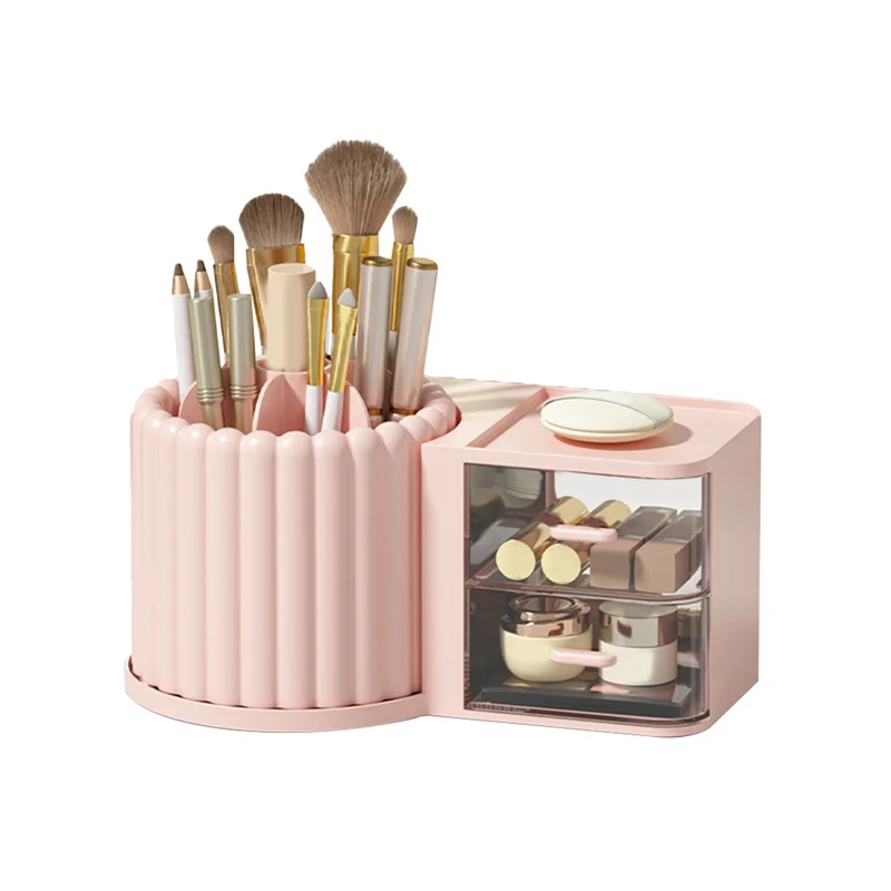 ABBN-Organizador de soporte para brochas de maquillaje con 2 cajones, 360 °   Encimera giratoria del organizador del maquillaje, vitrina de capacidad fácil de usar Pi