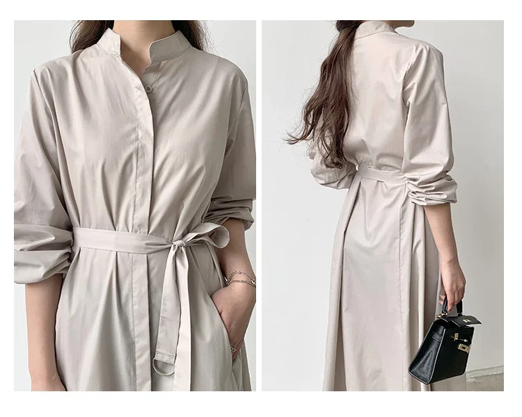 فساتين نسائية أنيقة بحزام قمصان طويلة على الطراز الكوري للربيع والصيف بأكمام طويلة فستان أسود كاكي موضة المكتب XY107