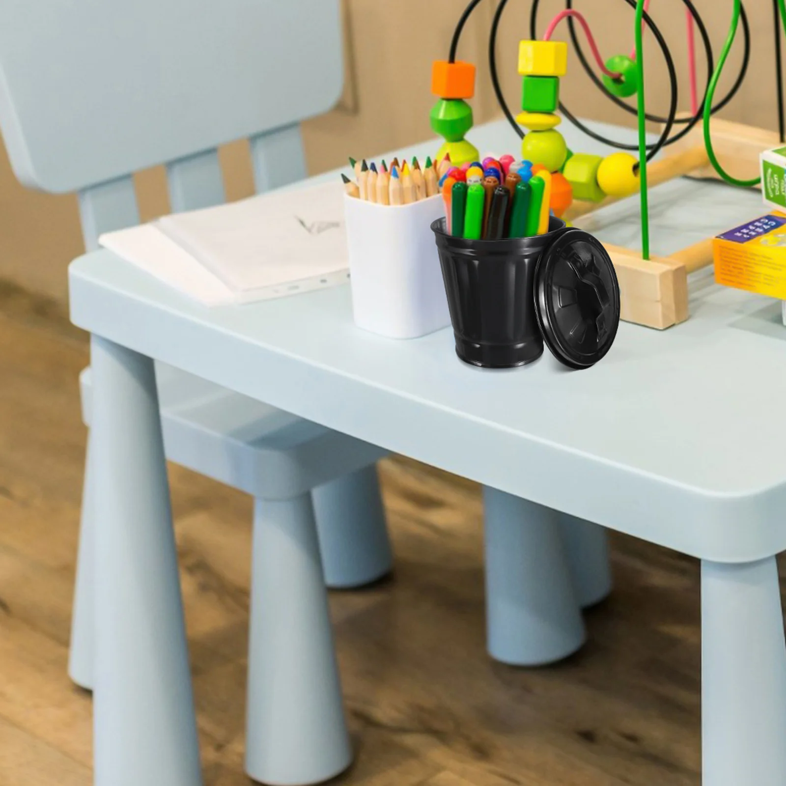 

1pc Desktop Mini Metal Trash Can Black Small Garbage Bin Lid Countertop Tabletop Waste Container Home Office Bedroom Flower Pot