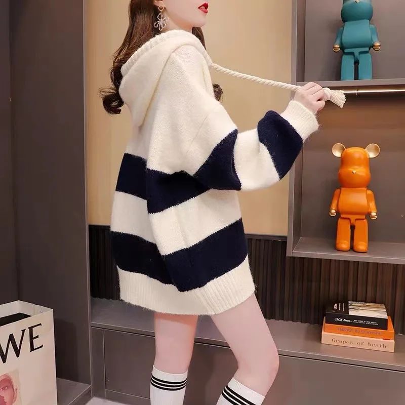 

Pullover Sweaters for Women Fashion Loose Striped Hooded Ladies Long Sleeve Oversized Tops Fall