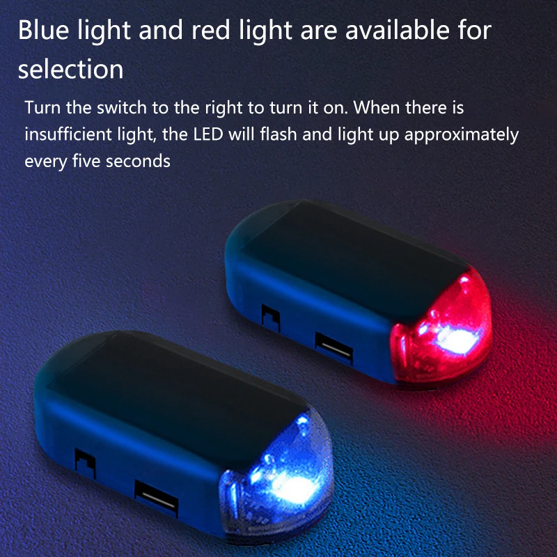Red and blue solar-powered no-wiring warning lights, led decorative anti-theft lights and strobe lights for vehicles