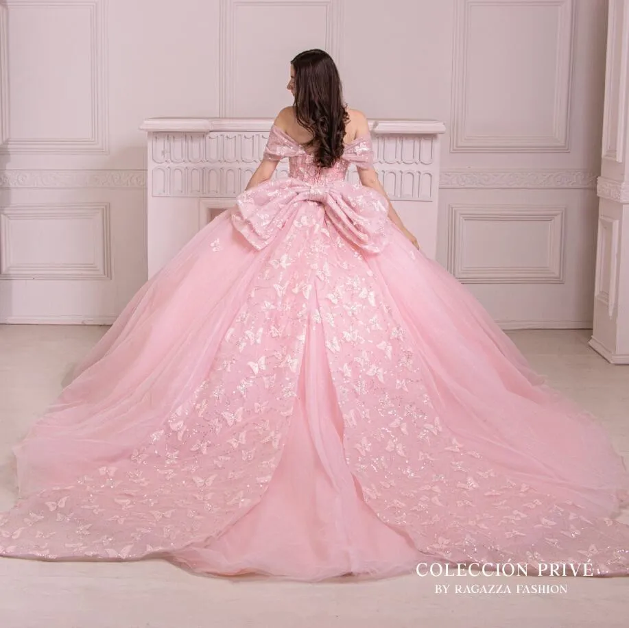 Robe princesse Quinceanera papillon rose, robe florale perlée de luxe, 16 anniversaires, robe à lacets, robe éducative