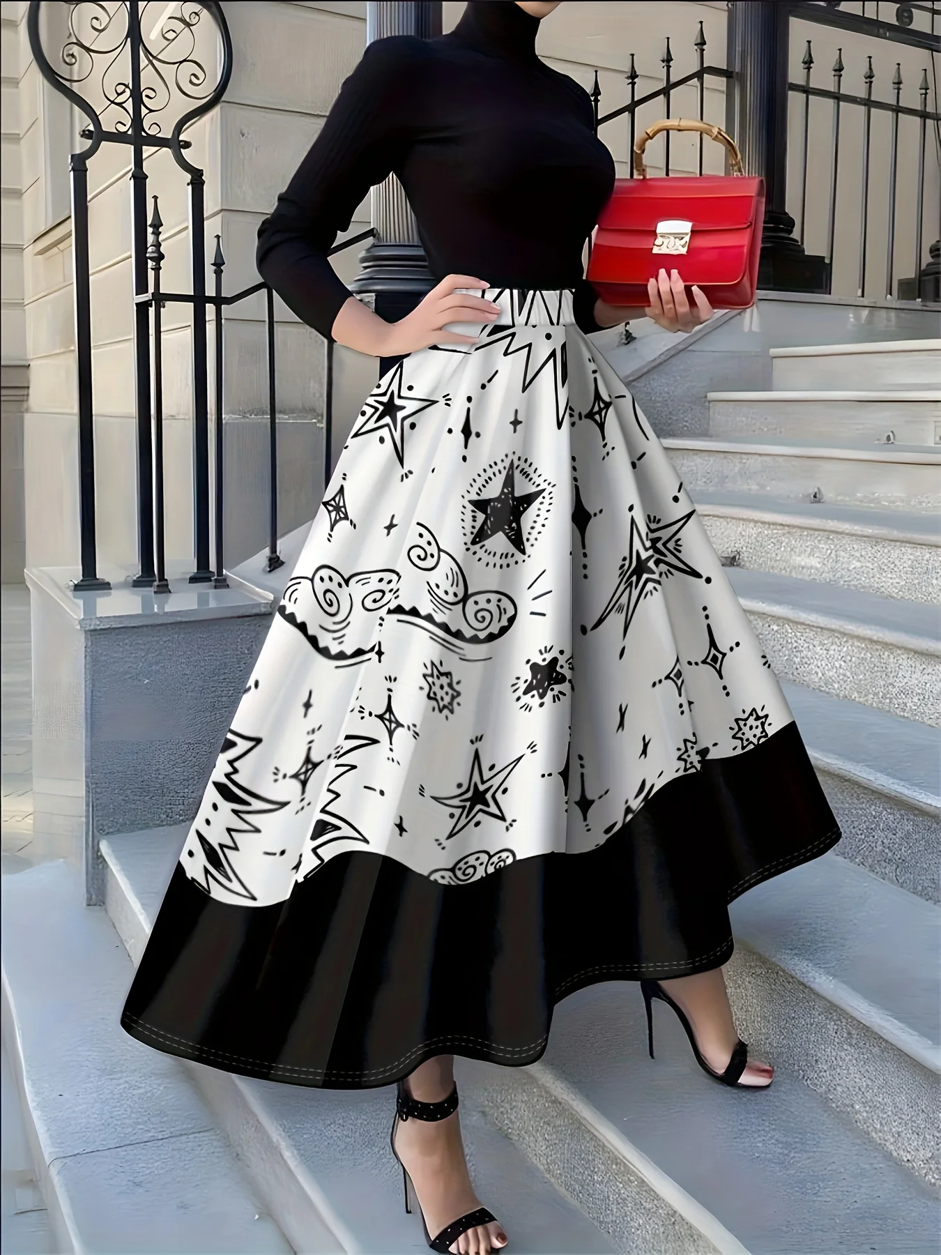 Printed Design Women's Black White Star Cloud Cartoon Print Contrast Hem High Waist A Line Midi Skirt