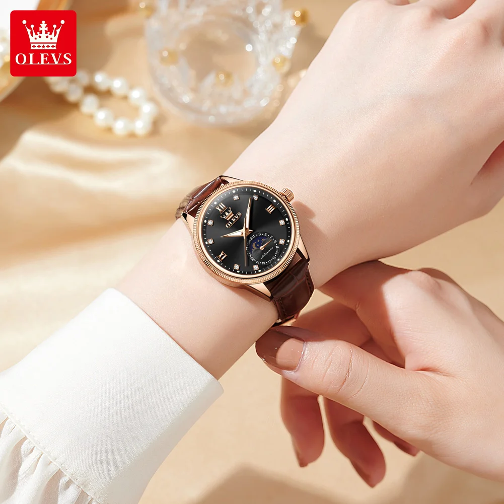 OLEVS Classic Automatic Mechanical นาฬิกาคู่สายหนังหรูหรา Moon Phase นาฬิกากันน้ําสําหรับคนรักคู่ผู้ชายและผู้หญิง