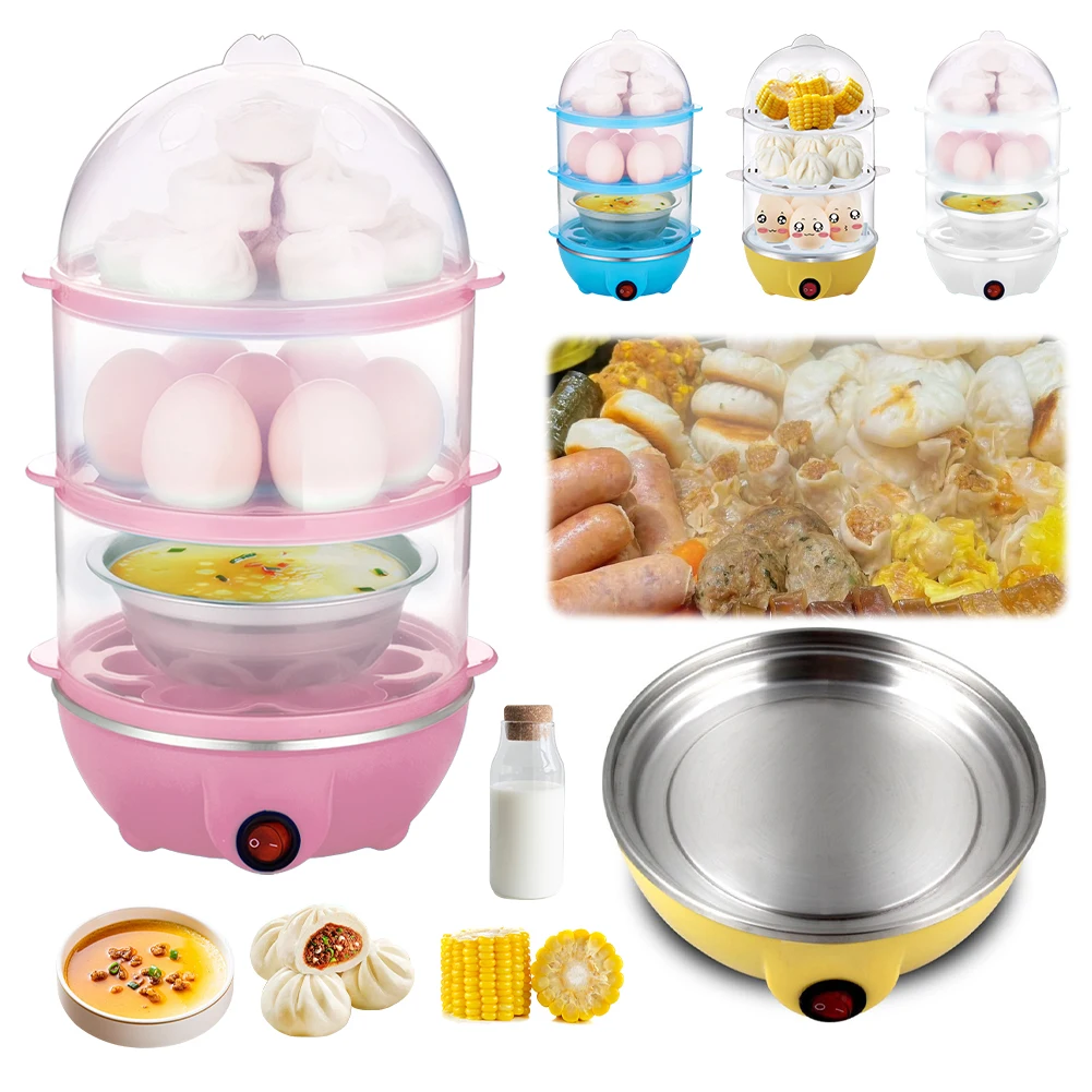 

110V/220V Multifunctional Egg Cooker Auto-Off Mini Kitchen Poacher 3-Layer Portable Milk Steamer for Cooking Breakfast Machine