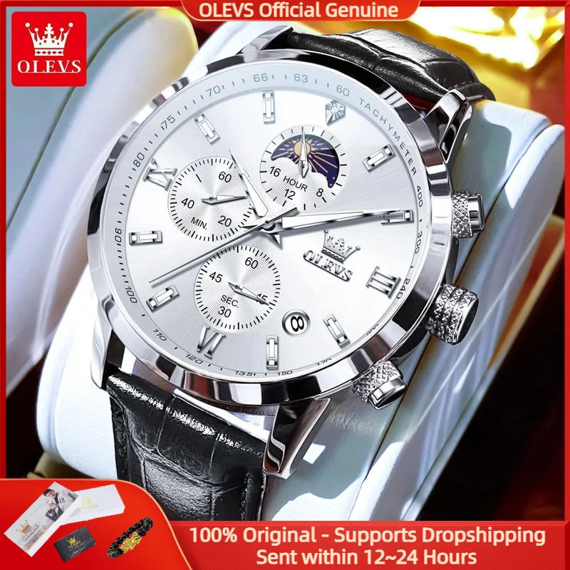 OLEVS 9812 Men's Watches Leather Strap Multi functional Roman Scale Dial Waterproof Moon Phase Quartz Hand Clock NEW