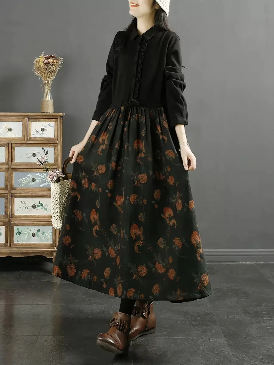 Retro Floral Patchwork Turn-down Collar Long Dress Women's Autumn New Style Wooden  Sensation Belted Dress A-line Skirt
