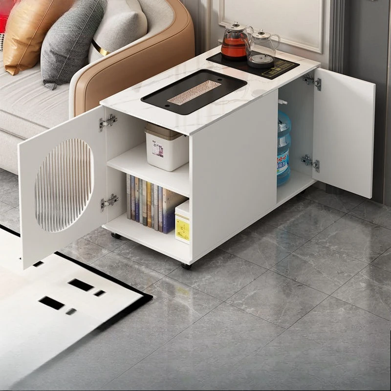 [خالية من الخدوش] خزانة جانبية للأريكة الفاخرة الخفيفة، وغرفة معيشة متحركة، وطاولة قهوة صغيرة متنقلة بسيطة وحديثة بحافة بلاطة صخرية