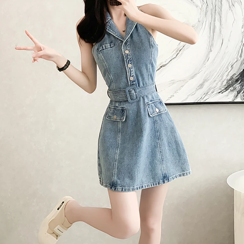 EVNISI Women Sexy Backless Denim Dress Halter Sleeveless High Waist Mini Dresses With Belt Party Fairy Vestido Women Summer 2024