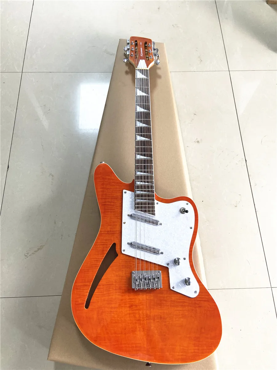 Custom orange 12 string electric guitar lipstick pickup semi hollow white guard free shipping