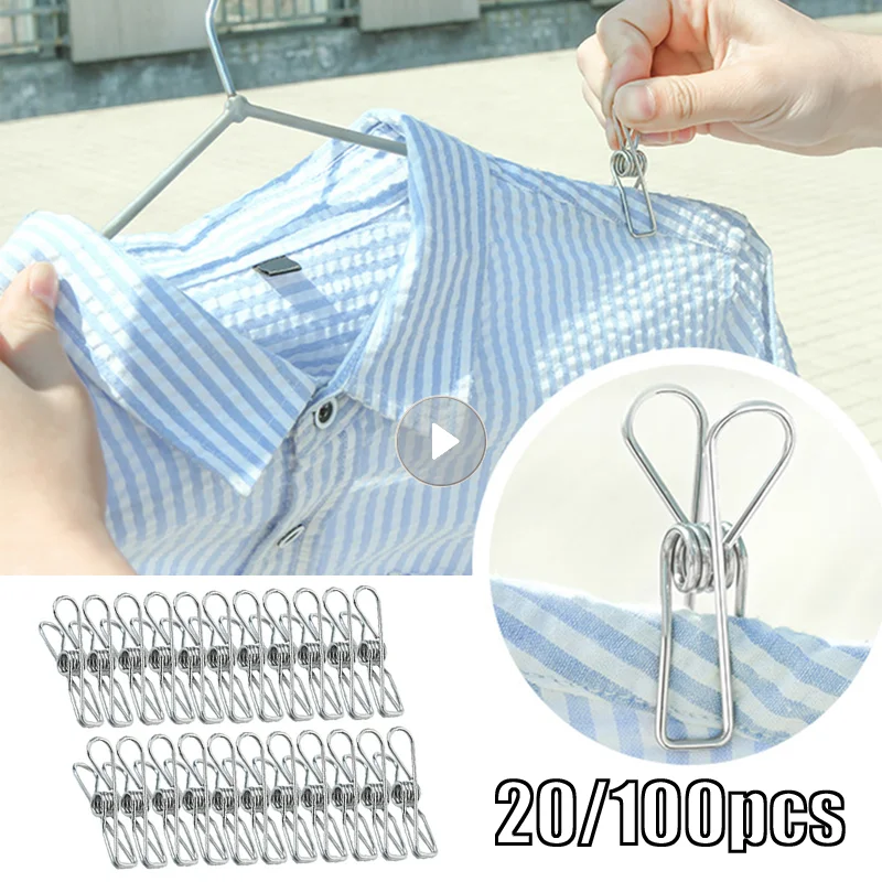 20/100pcs Clothes Pegs Stainless Steel Clothespins Drying Towels Socks Clothing Clamp Bedspread Hanger Clip Laundry Cloth Pins