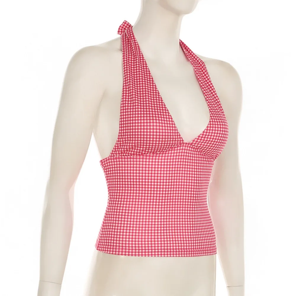 

Sweet Love Heart Sleeveless Crop Top Korean Style Ins Y2K Halter Vest Top Grid Pattern Slim Fit Women Camisole Female