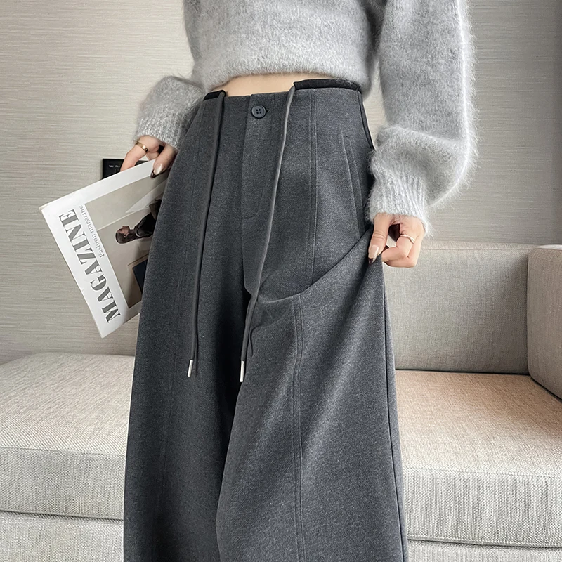 Grey Pants Women High Waist Wide Leg Loose Elegant Pants Office Ladies Workwear Fashion Stylish Drawstring Pocket Trousers Pants