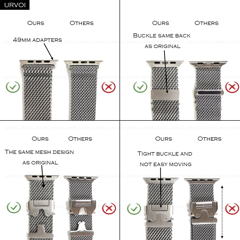 URVOI Band for Apple Watch Ultra 3 2 Series 11 10 9 8 SE stainless steel mesh strap for iWatch secure parachute buckle 46 49mm 5