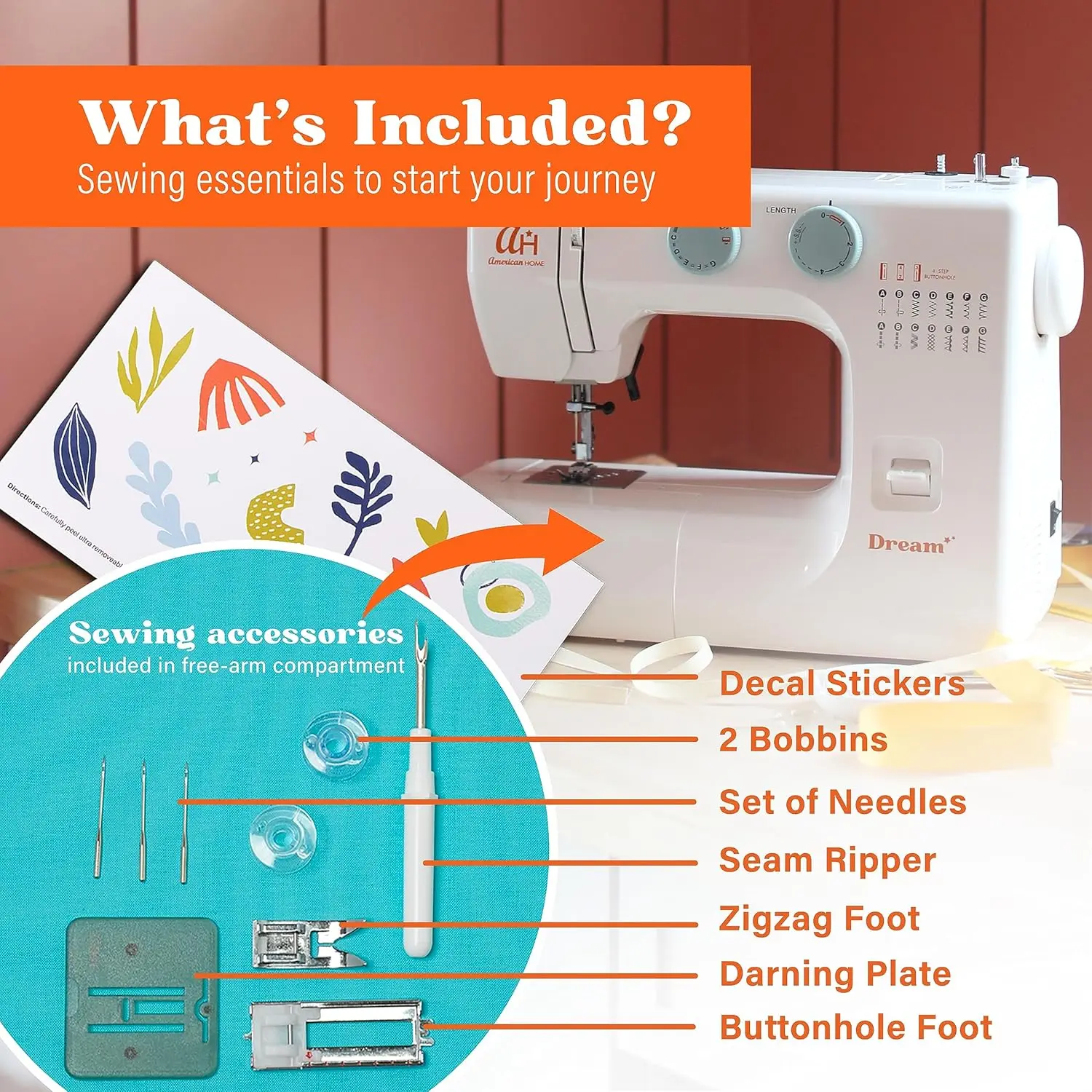 Sewing Machine for Beginners, The Dream by American Home, 15 Built-in Stitches, Great for Refashioning Clothes