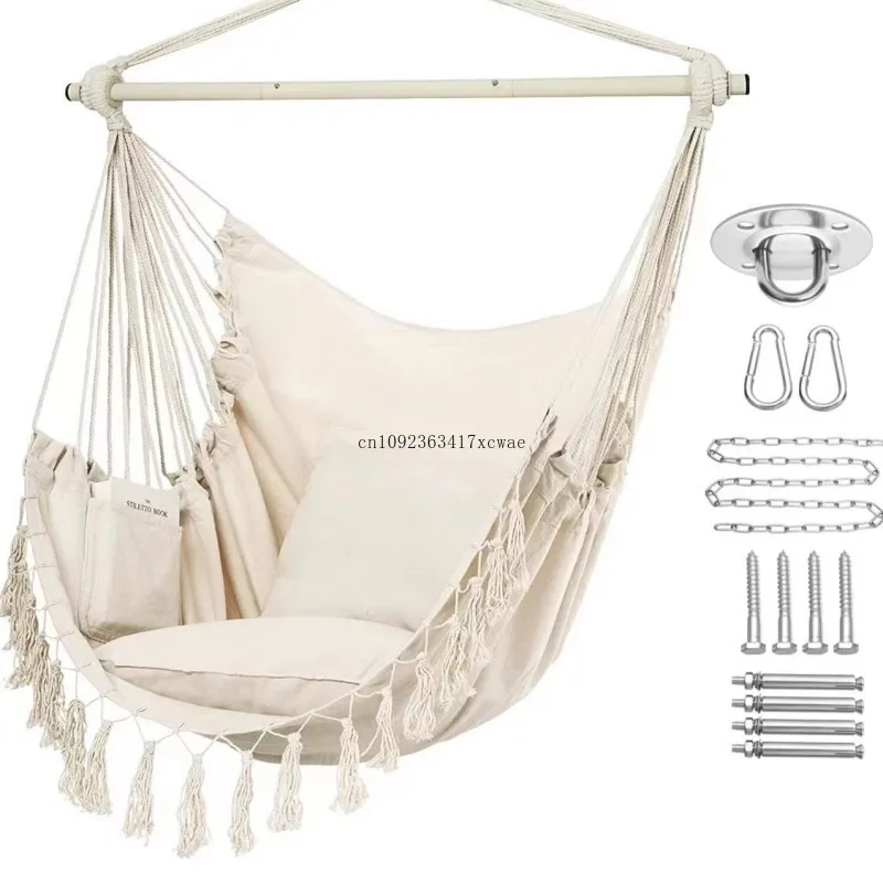 3-Section Folding Rod Canvas Hanging Chair Outdoor Camping Beach Swing Reinforced Iron Pipe Fringed Hammock Leisure