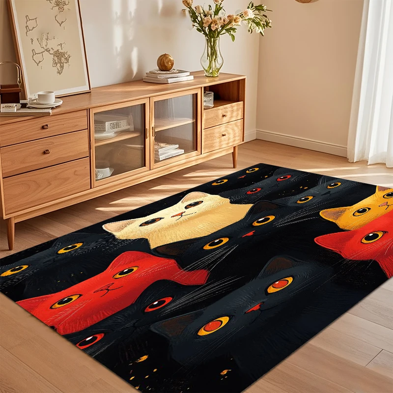 Non-Slip Whimsical Cat Area Rug with Red, Yellow, and Black Cat Faces on Black Background for Nursery Bedroom Living Room Decor