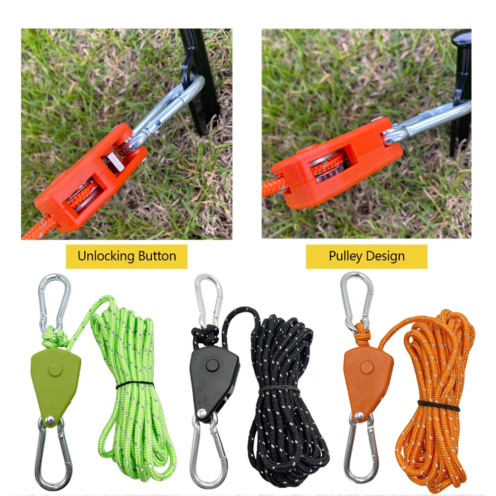 4Pcs 400cm Tent Rope Hanger Pulley Hook Adjustable Lanyard Hanging Reflective Rope Ratchet Hangers Awning Wind Rope Tie Down