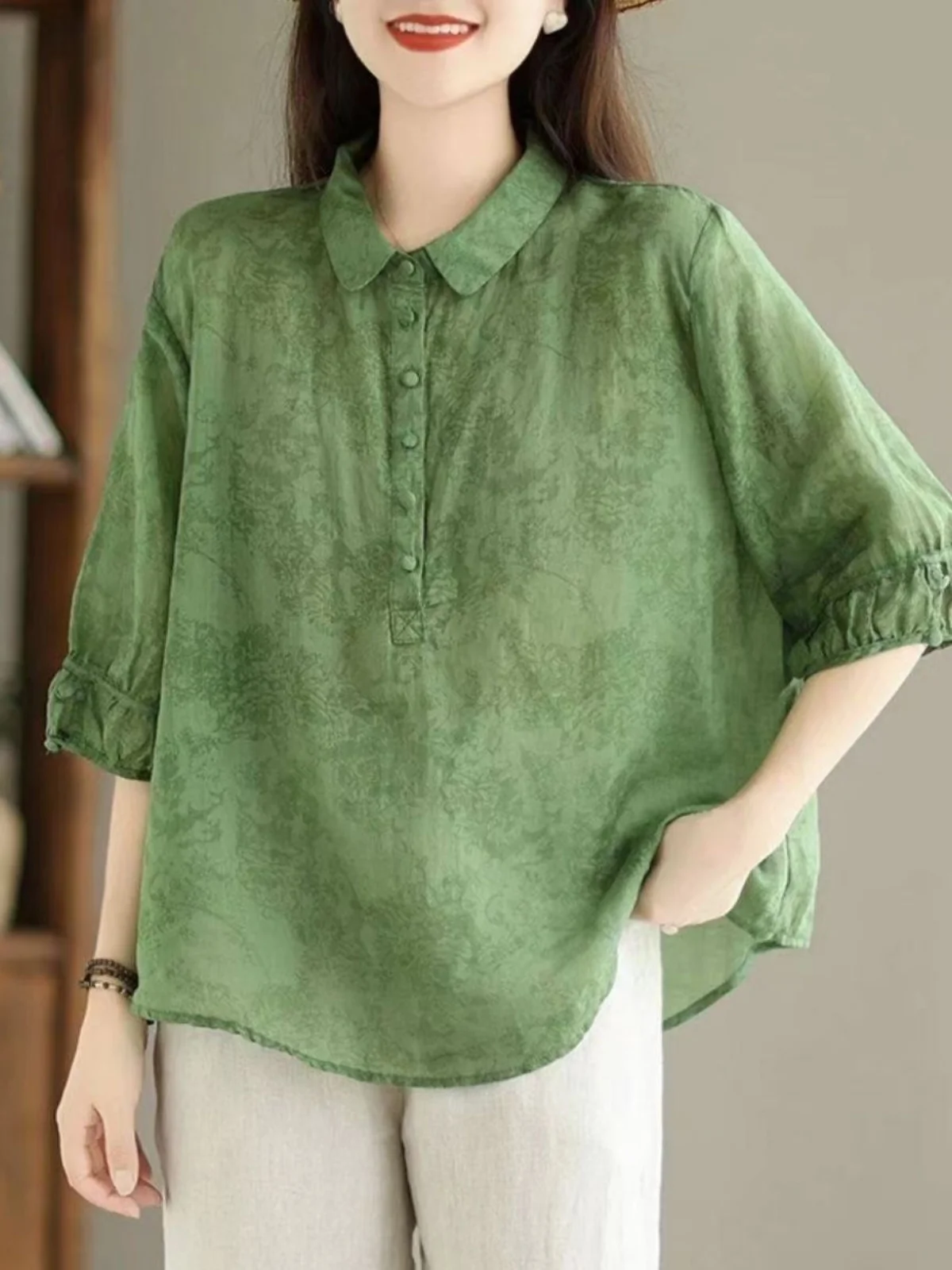 

Retro Artistic Print Cotton Linen Loose Women's irt Slimming Top Comfortable Breathable Summer Casual Workwear