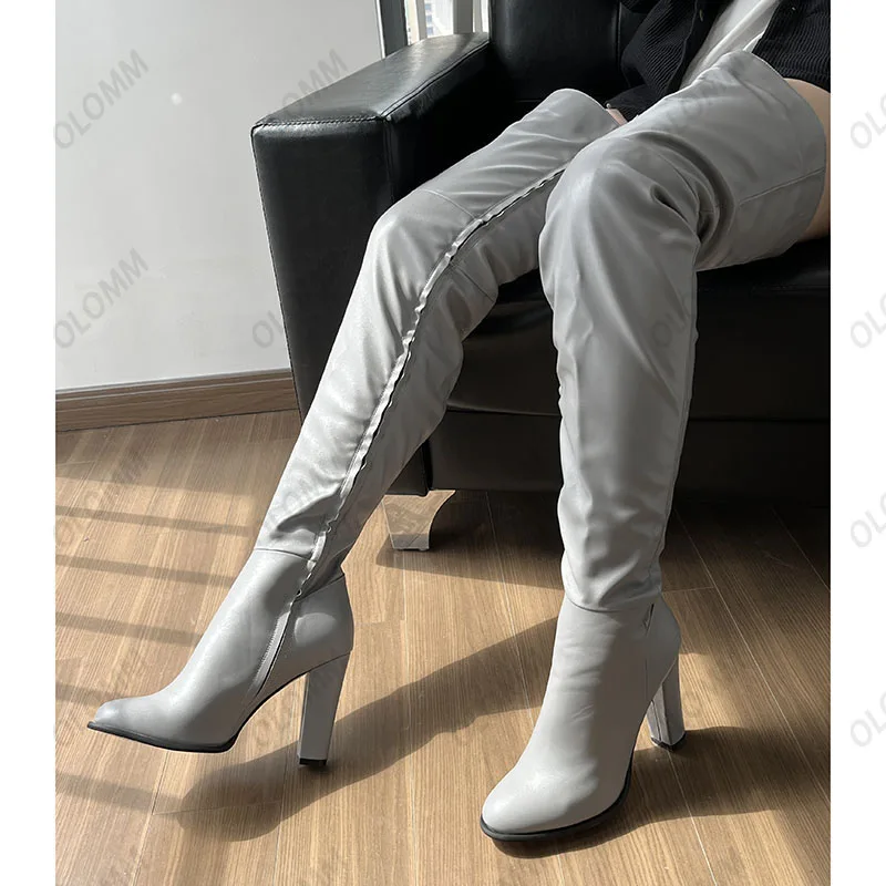 Personalizzazione Olomm stivali da coscia invernali da donna fatti a mano tacchi quadrati in ecopelle punta tonda scarpe Casual nere Plus taglia US