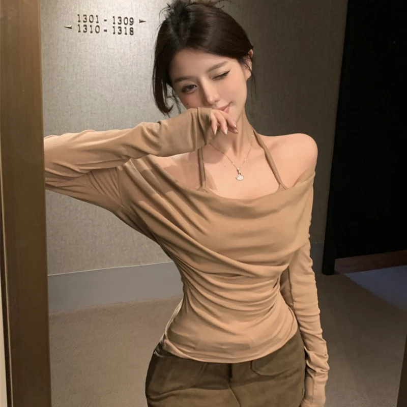 Slash Neck T-shirts Women 4 Colors Slim Sexy Girls Fake 2 Pcs Tops Tender Club Wear Casual Soft Aesthetic Korean Fashion Gentle