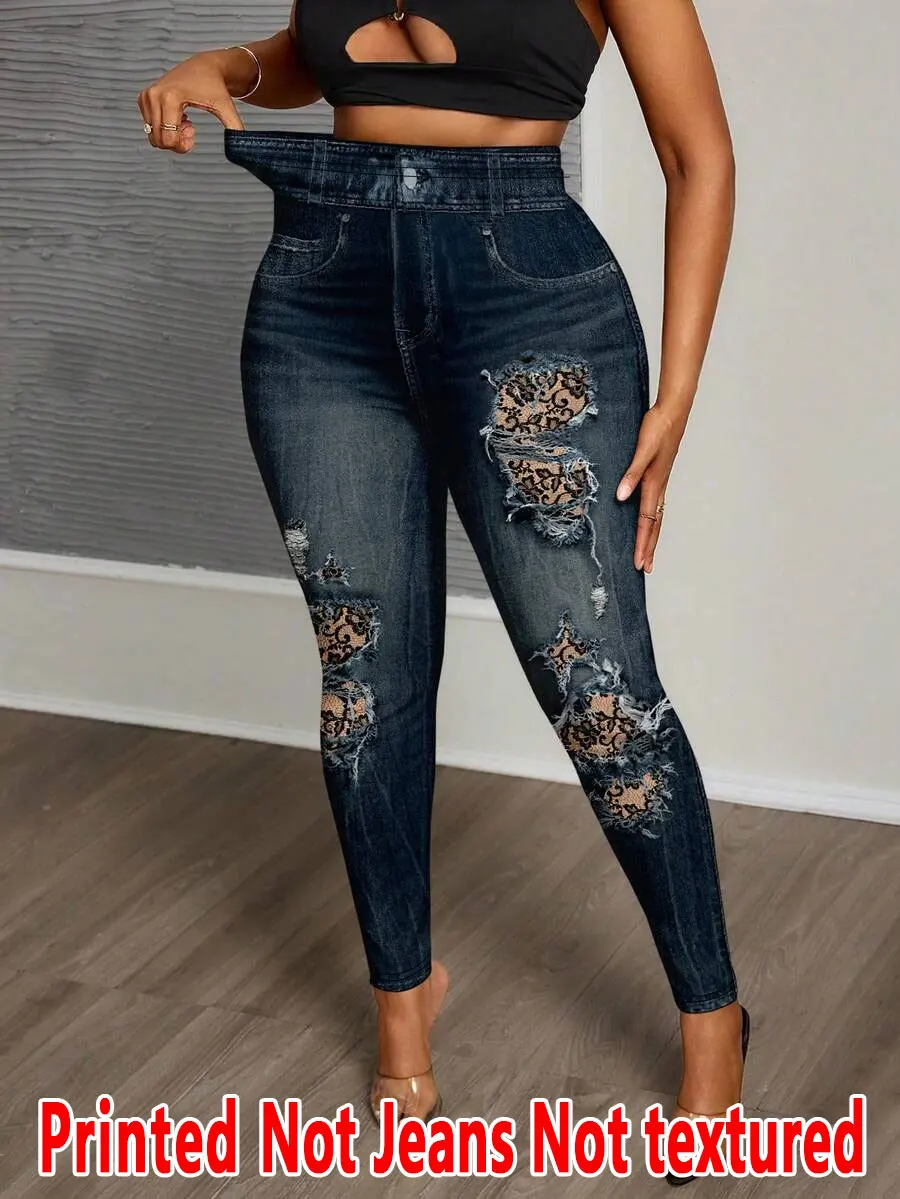 2367 Women's Non-Leather Denim Fabric Tight Pants Printed Base Layer Pants Wearable All Seasons