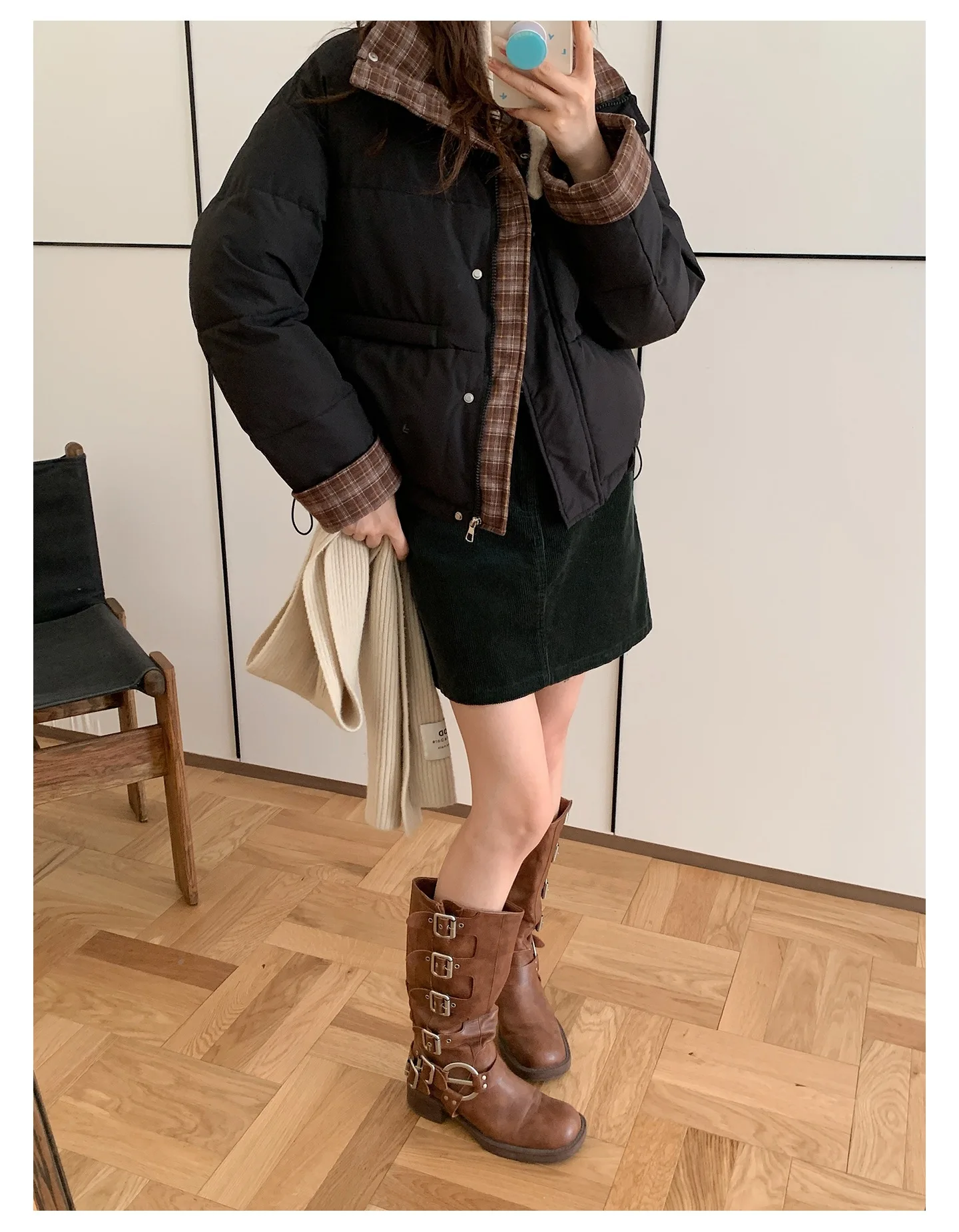 American Plaid Patchwork Puffer Jacket Women Winter Thick Stand Collar Short Parkas Woman Korean Casual Preppy Style Outerwear