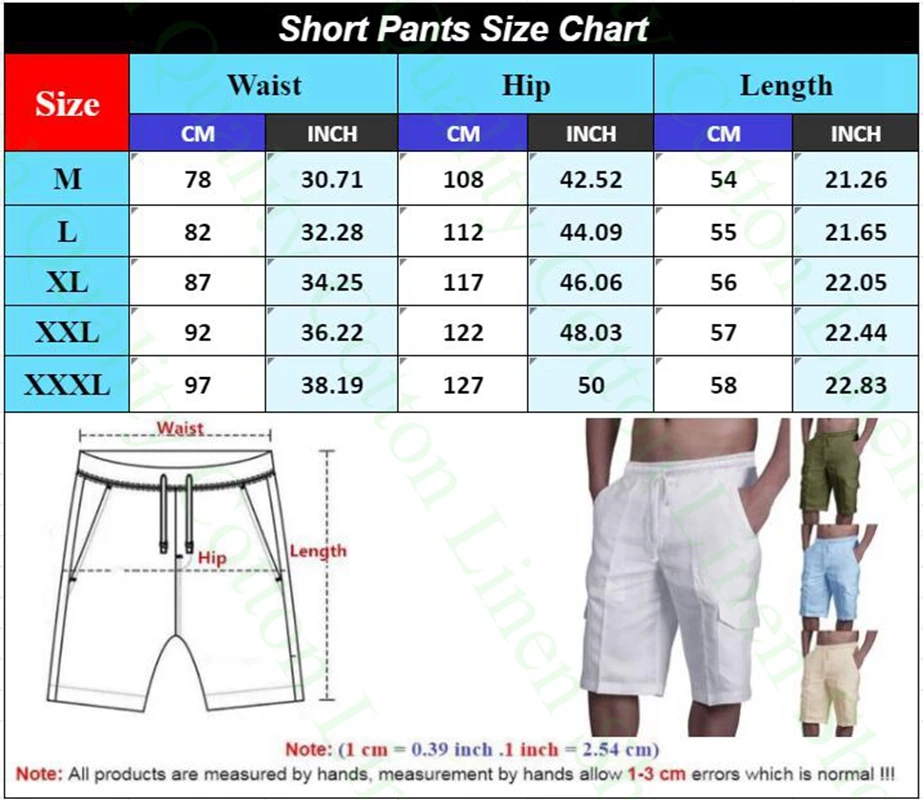 White Cotton Linen Shorts Men Summer Casual Multi-pocket Fitness Sport Shorts Mens Fashion Elastic Waist Breathable Beach Shorts