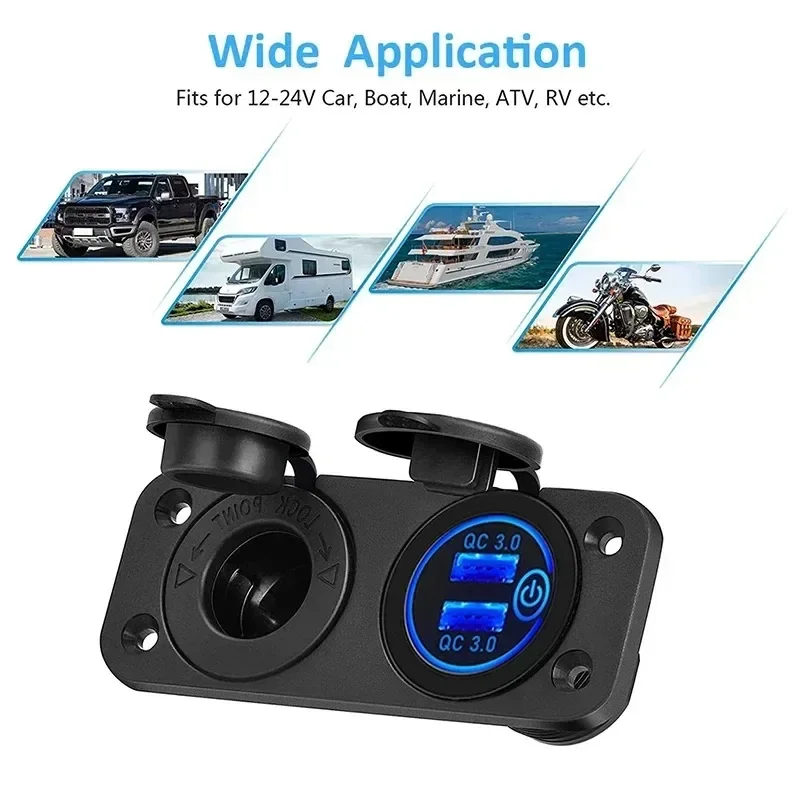 12V/24V Dual USB Socket Panel QC3.0 Car Charger Socket Adapter Outlet Cigarette Lighter Adapter for Car Boat RV Motorcycle