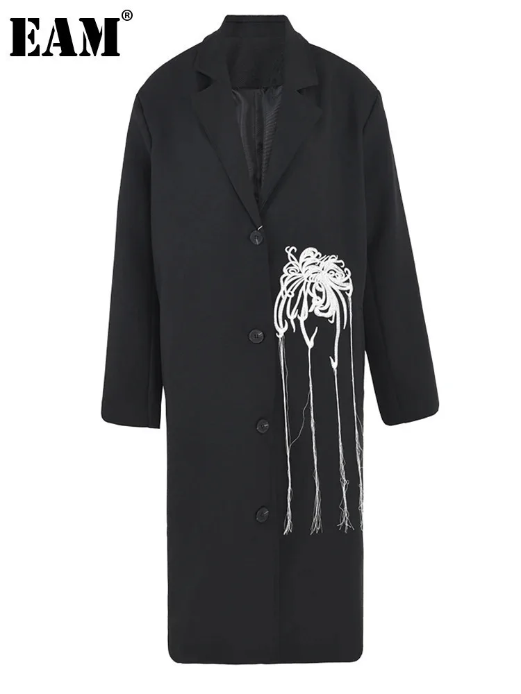 [EAM] Women Black Embroidery Big Size Long  Trench New Lapel Long Sleeve Windbreaker Fashion Tide Spring Autumn 2024 CPG1048