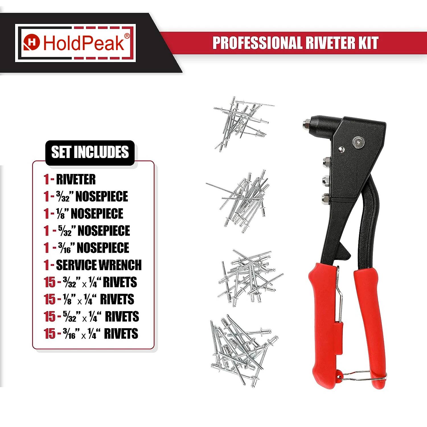 Handle Hand Riveter Nut Tool，Professional Rivet Gun with 60 Rivets, -Nails For M2.4 M3.2 M4 M4.8 -Sheet Metal, Duct Work