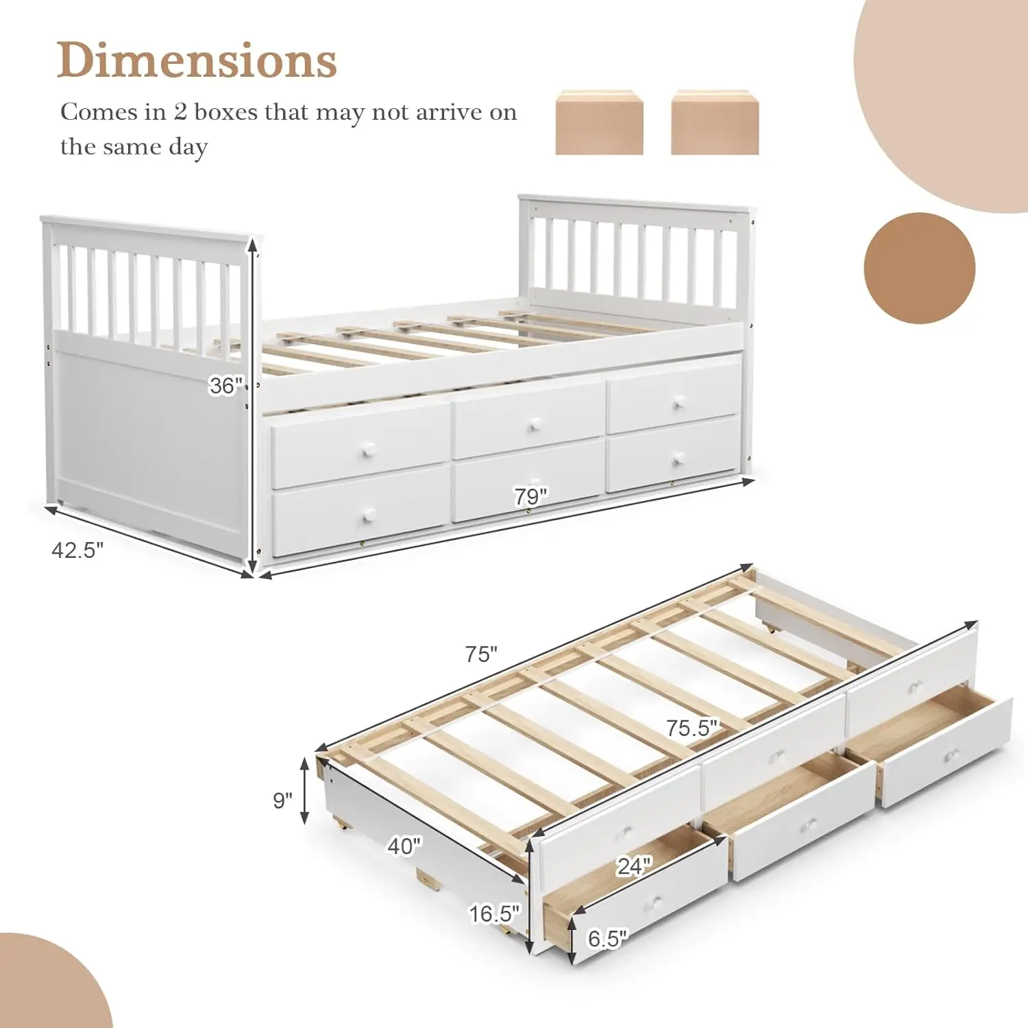 Twin Captain's Bed with Trundle Bed, Wood Daybed with 3 Storage Drawers, Twin Trundle Bed for Kids Teens Adults Guest Room Bedro