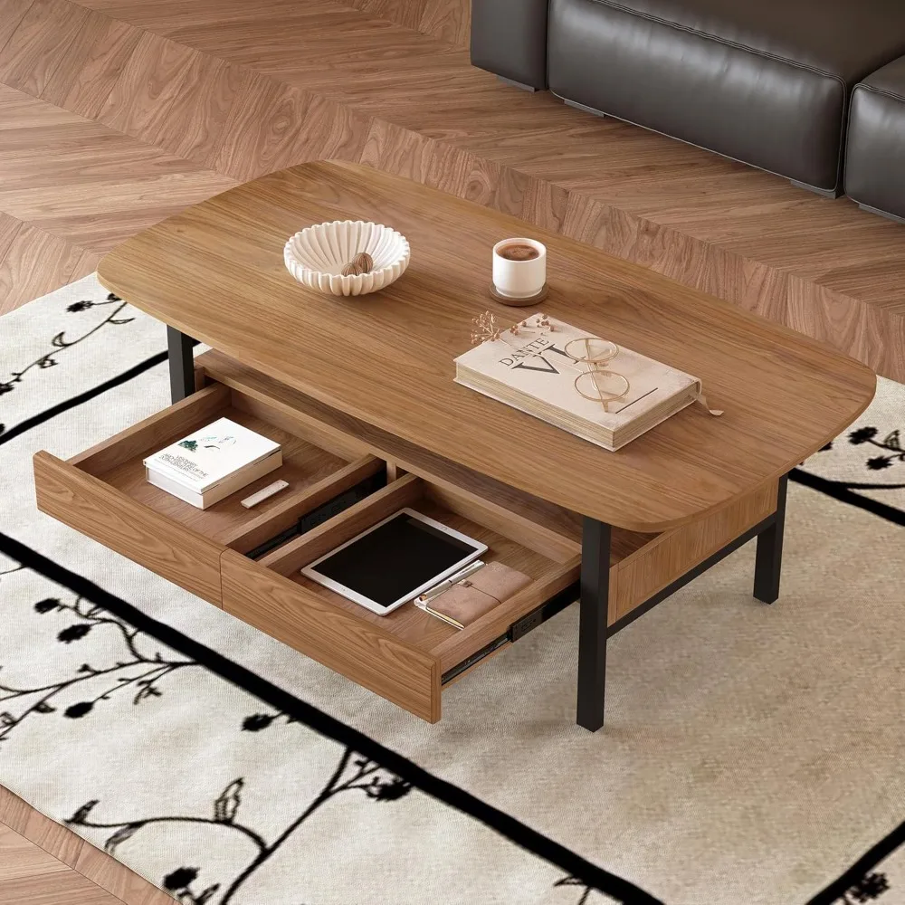 طاولة قهوة بأدراج ورف مفتوح، طاولة مركزية لغرفة المعيشة الحديثة مقاس 47 بوصة مع زوايا مستديرة، طاولة شاي للتخزين