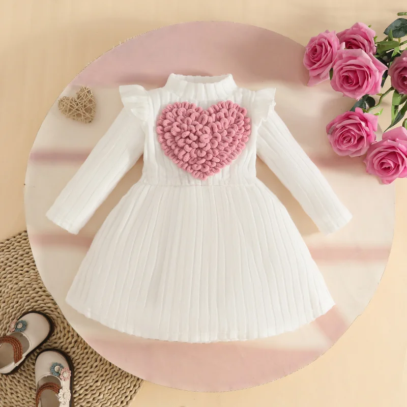 Infant and Toddler Heart Dress Autumn Winter Girls Wide Ribbed Flutter Sleeve Long Sleeve High Neck Dress