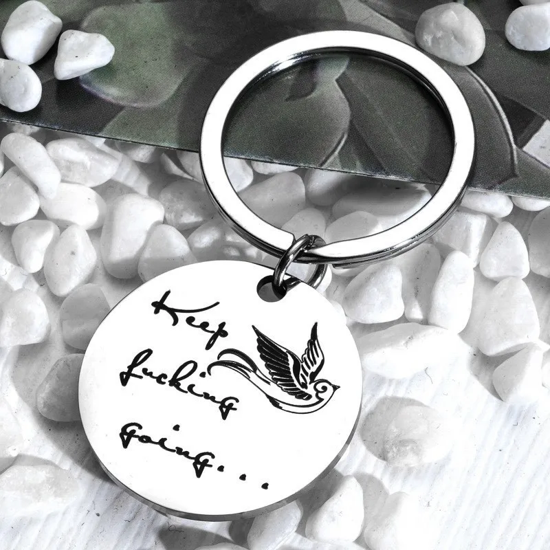 Laser Carved Bird Keychains for Women Stainless Steel Keep Going Key Ring Awareness Positive Energy Jewelry Drop Shipping