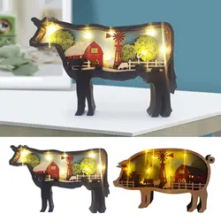 3D Wooden Pig cow Lamp Wood Carving Animal Crafts Led Table Lights Carved Ornaments Bedroom Decor Christmas Gifts