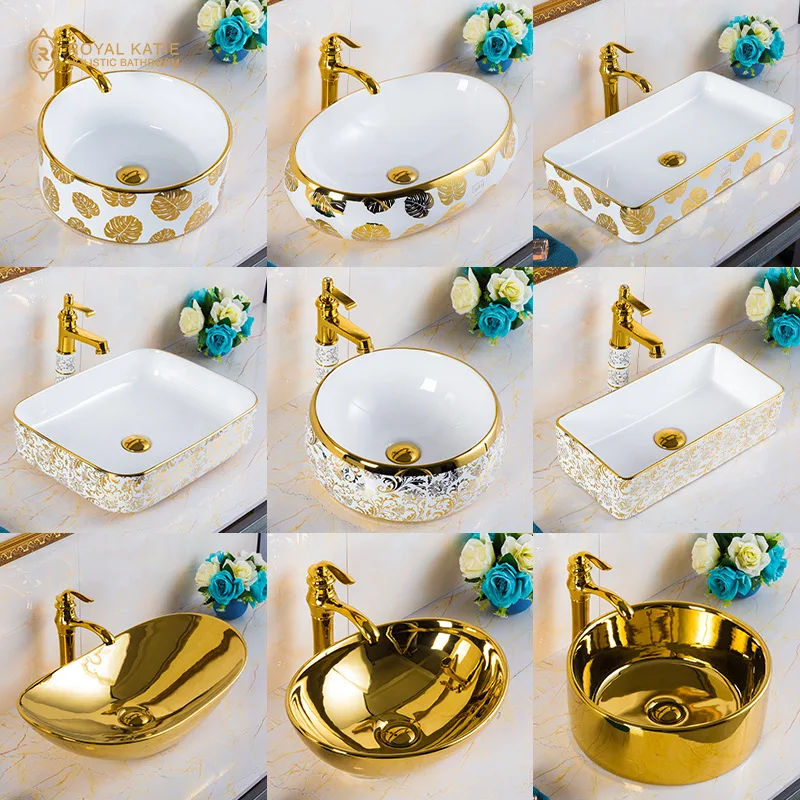 

Golden Table Basin Phnom Penh Wash Basin Bathroom Ceramic Wash Basin Creative Home Electroplating Art Inter-Platform Basin