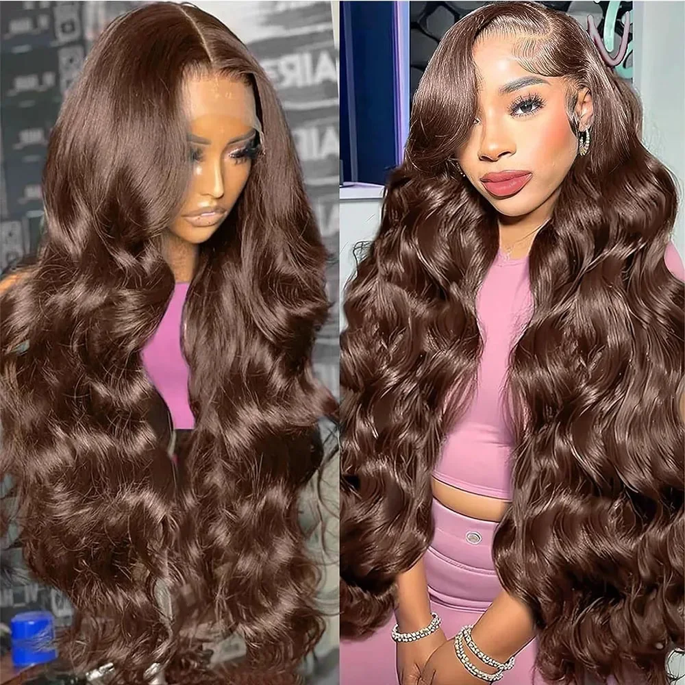 

44 46 Inch Body Wave Lace Front Wig #4 Chocolate Brown Colored Human Hair 200 Density 13x4 13x6 HD Transparent Lace Frontal Wigs