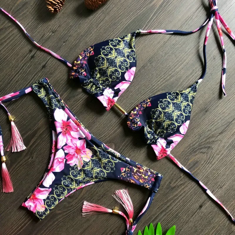 Biquíni feminino 2 peças, sexy, estampa floral, micro biquíni, tanga, bojo, traje de banho, 2020