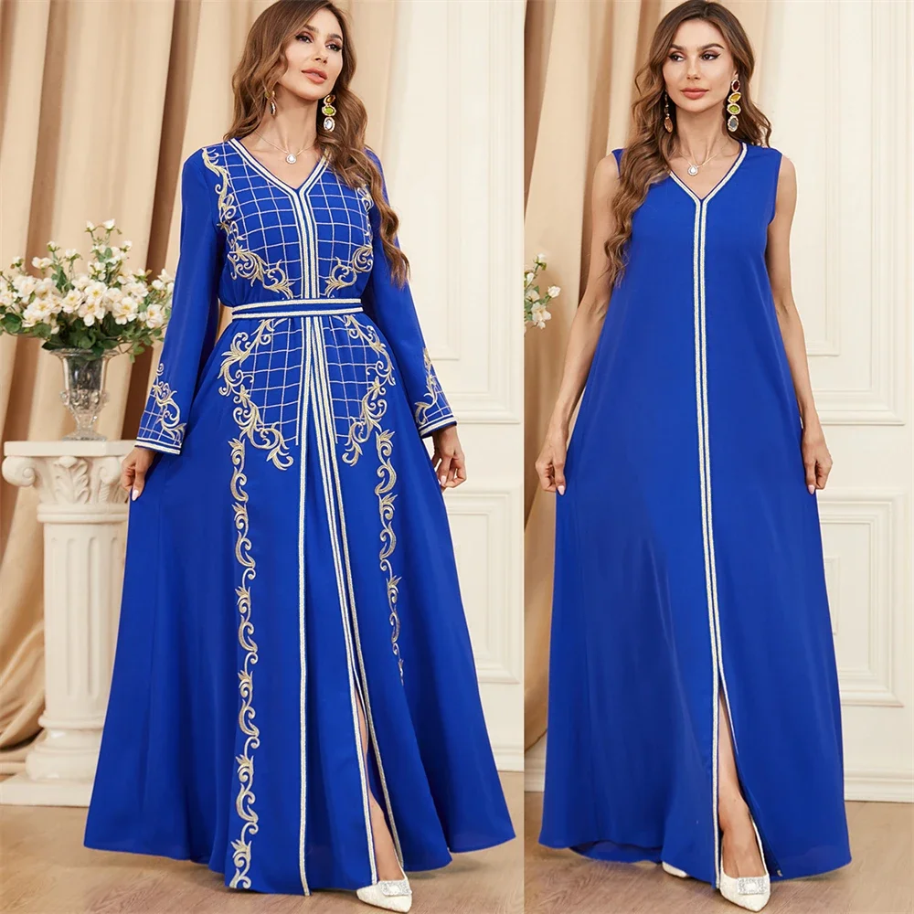 Elegant Autumn Arabic Maxi Dress for Women Abaya Caftan A-line Party Dresses 2 Piece Set Kimono Saudi Dubai Kaftan Islamic 2024