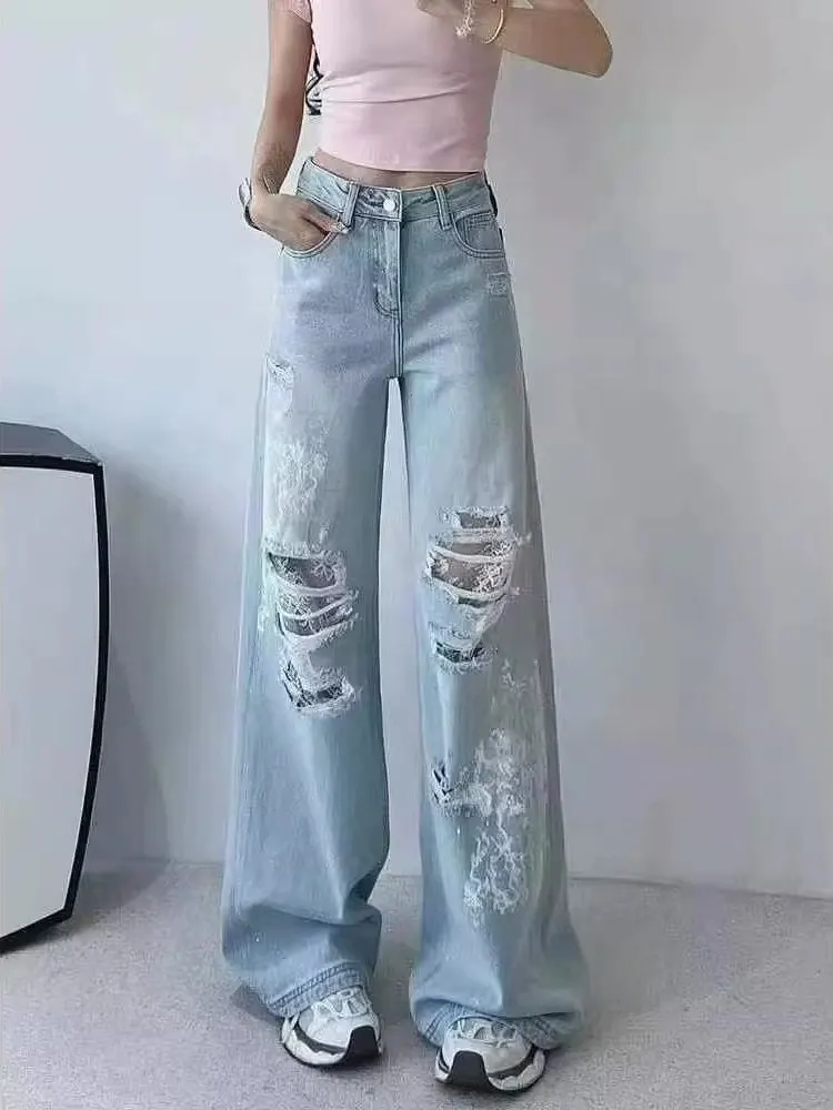 

Spring 2025 High Waist Straight Leg Denim Jeans Luxury Heavy Embellished Rhinestones Women's Floor-Length Torn Hole Pants