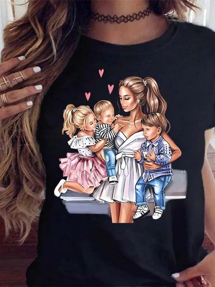 Cartoon mama córka syn dama z nadrukiem koszulka damska letnia dziewczyna Casual Harajuku Y2K bluzki damskie koszulki Camisetas Mujer