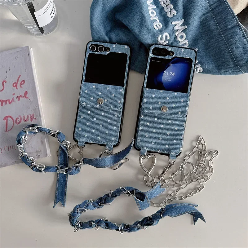 

Denim Card Holder Phone Case for Samsung Galaxy Z Flip 6 5 4 3 Protective Back Cover for ZFlip4 ZFlip5 ZFlip6 Case