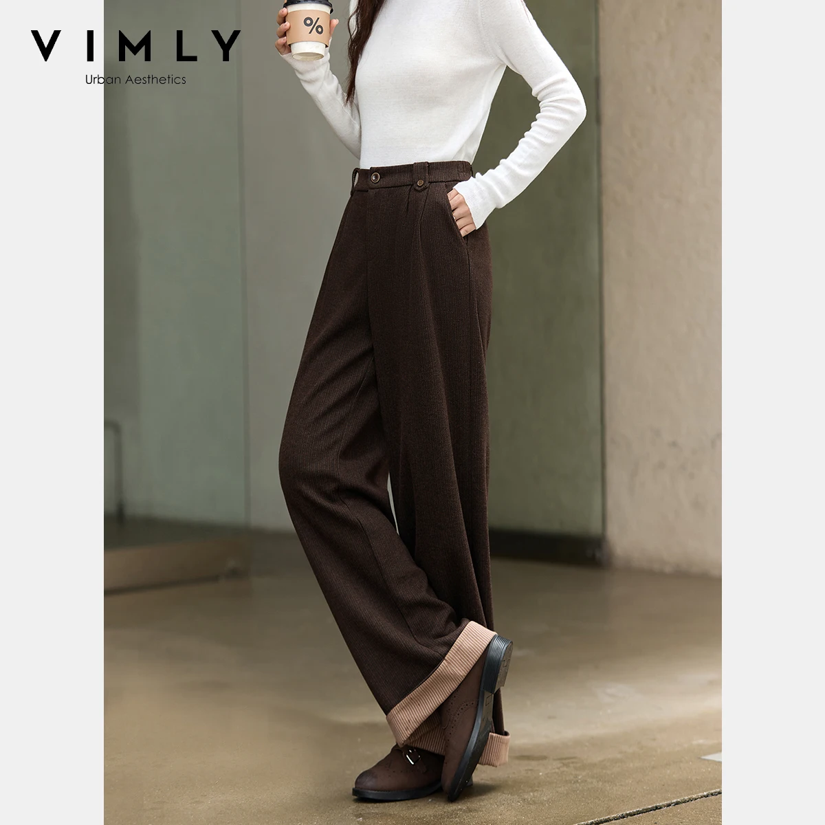 VIMLY Braune Damenhose, braun, England-Stil, Winter 2022, weites Bein, Damenhose, lässige Hose mit Bündchen am Saum, Kontrastfarbe, A2912