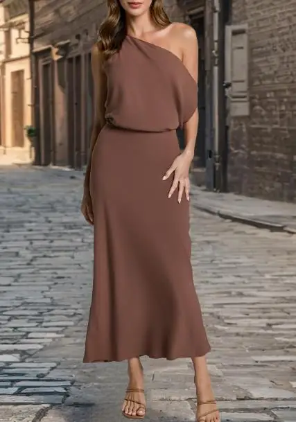 

Spring/Summer New Elegant Off-Shoulder Long Dress Single Neck Fitted Holiday Elegant And Close Fitting 2025