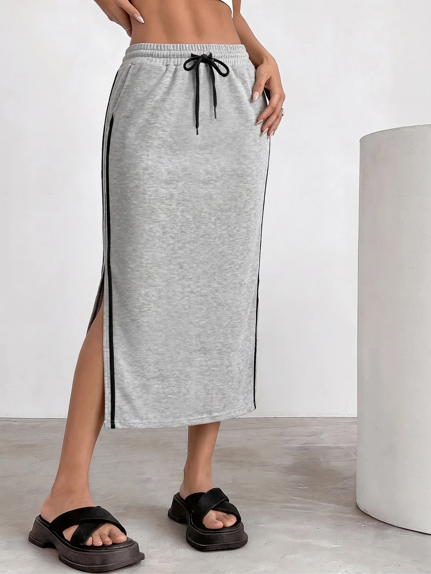 Retro Sport Striped Midi Skirt, Side Slit Design, Urban Street Style & Casual Meetup OOTD