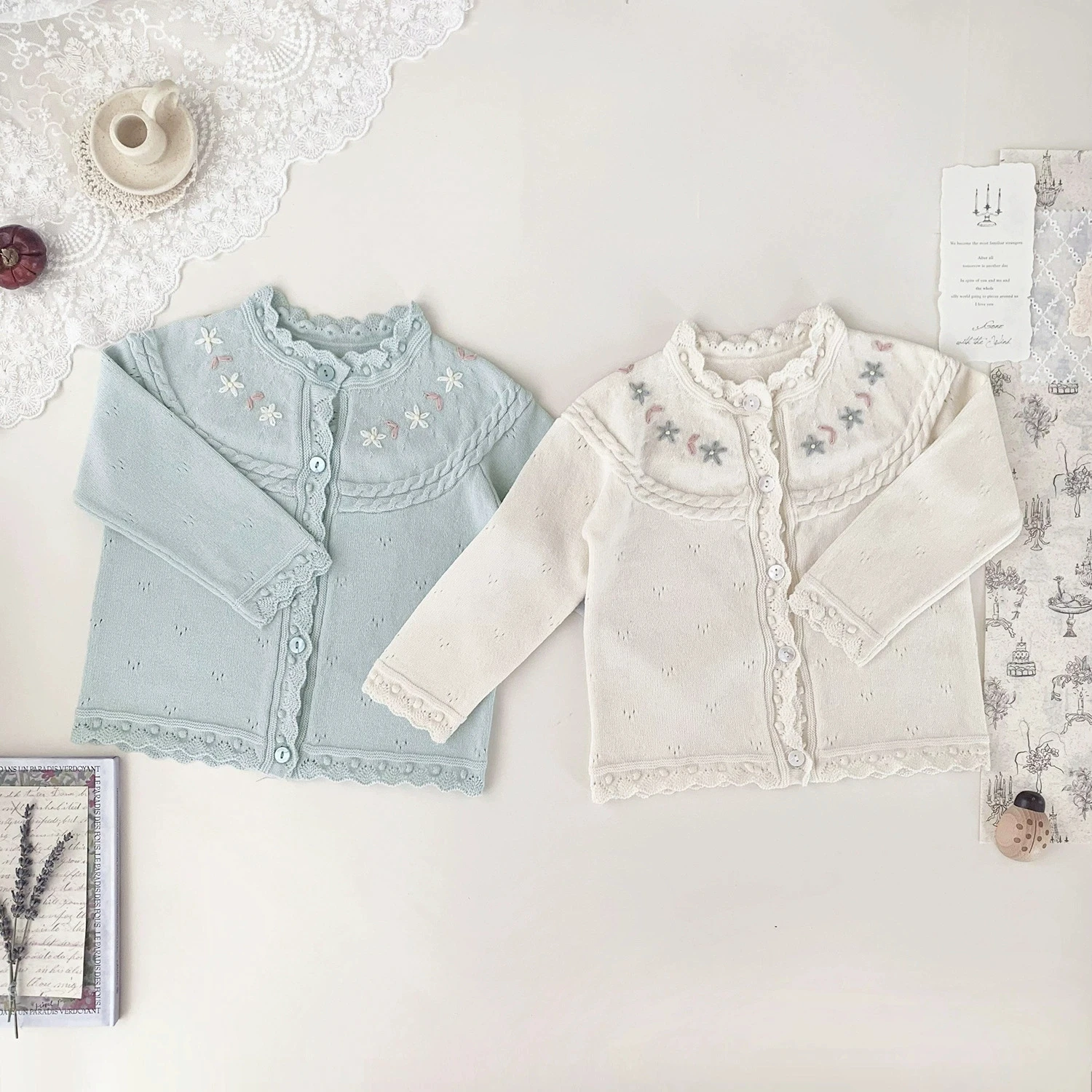 

Baby Girl Hand-Embroidered Cardigan Sweater Thin Round-Neck Long-Sleeved Knitted Sweater For Kid